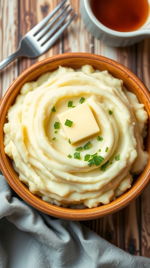 A bowl of creamy mashed potatoes with butter and parsley on a rustic table with gravy.